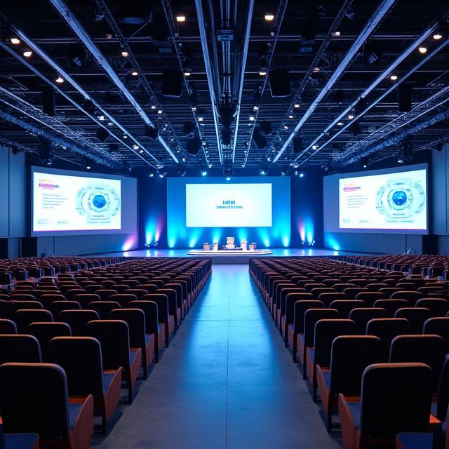 A large, modern conference hall set up for a corporate event