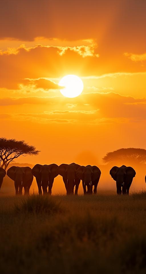 A herd of elephants in the Serengeti at sunrise