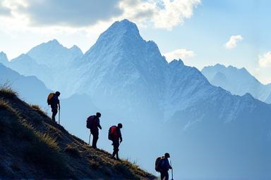 A group of hikers with a scenic mountain backdrop