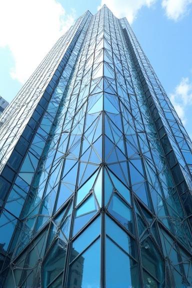 Looking up at the geometric glass facade of the Shibuya Sky building.