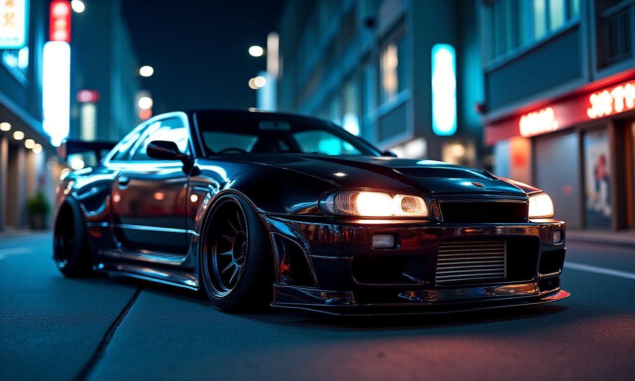 Night time shot of a tuned sports car in Tokyo
