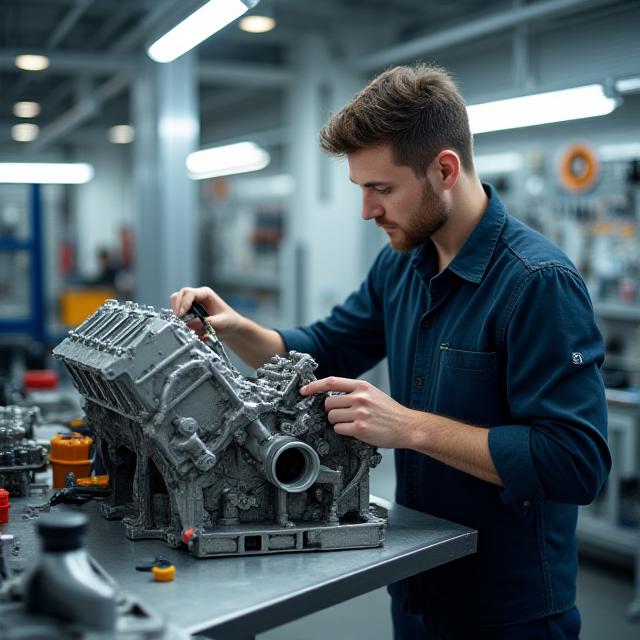 Mechanic working on an engine in the workshop