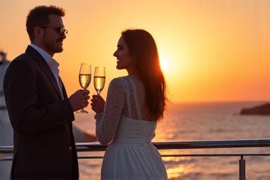 Couple enjoying champagne on a luxury yacht at sunset
