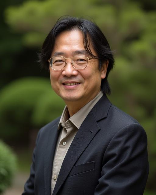 A sophisticated portrait of the lead guide against a backdrop of a Japanese garden.